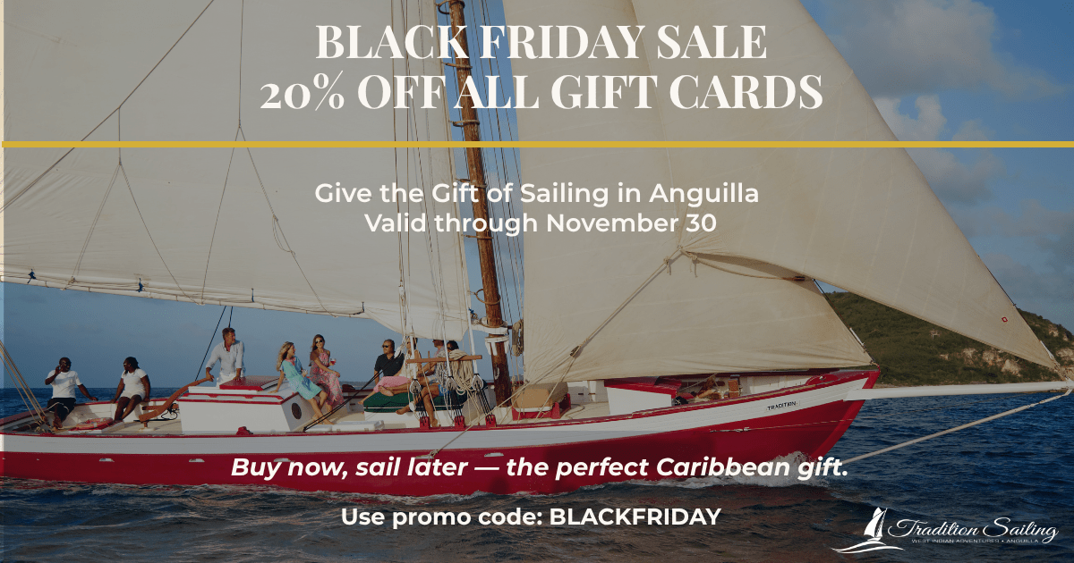 Tradition Sailing Black Friday gift card sale graphic with 20% off promotion